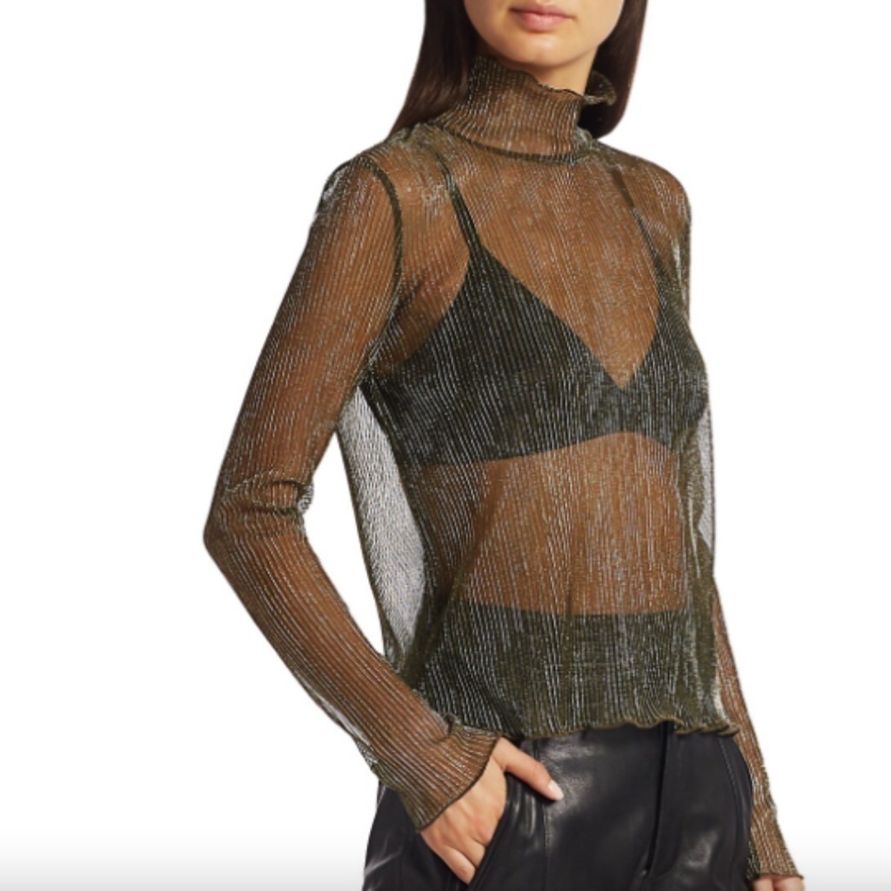 NWOT Joie Gold Elmeria Metallic High-Neck Sheer Top Sz. L